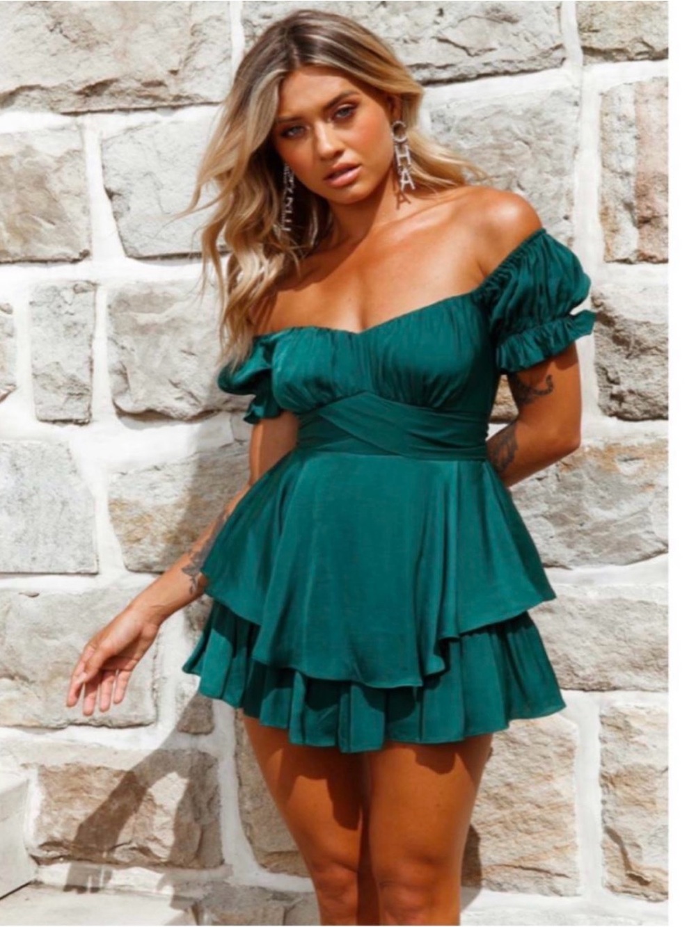 Selfie Leslie Emerald Off-Shoulder Tiered Mini Romper